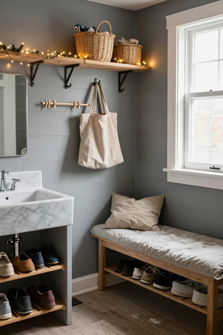 Gray shiplap mudroom with wooden shelves holding wicker baskets, draped string lights and greenery, marble sink, shoe racks under sink and bench, canvas tote on hooks, and various shoes stored below.