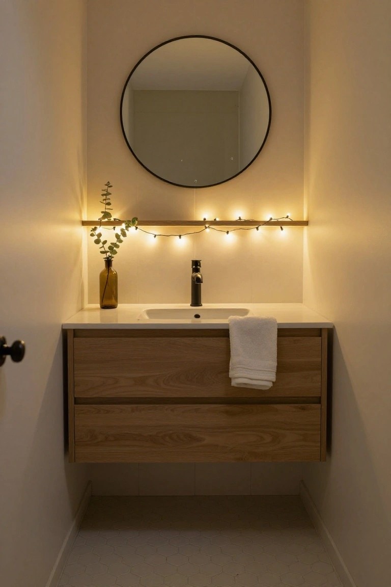 Modern bathroom featuring an oak floating vanity with white countertop and towel, black faucet and round mirror, brown glass bottle with eucalyptus, string lights and more eucalyptus on a wooden shelf above the sink, and hexagonal tile floor.