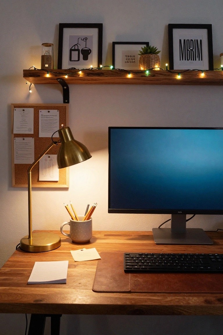Wooden desk with monitor, keyboard, brass lamp, mug, pencils, and papers in a cozy room; rustic floating shelf above lined with green string lights, jars, frames, and plant.