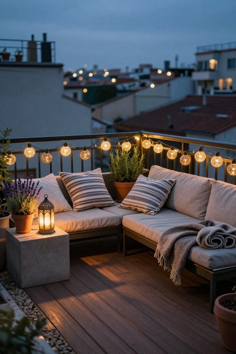 Balcony seating area with L-shaped beige sofa, striped pillows, potted plants, lanterns, and globe string lights along black metal railing on wooden deck at dusk with cityscape in background.