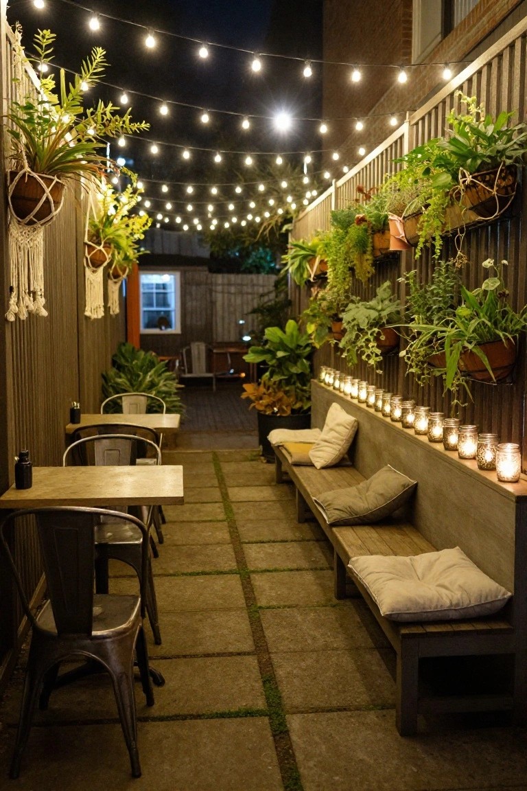 Narrow nighttime outdoor alley patio with overhead string lights, hanging plants and macrame on wooden fences, metal bistro tables and chairs on stone pavers, wooden bench with cushions, and mason jar candles along the ledge.