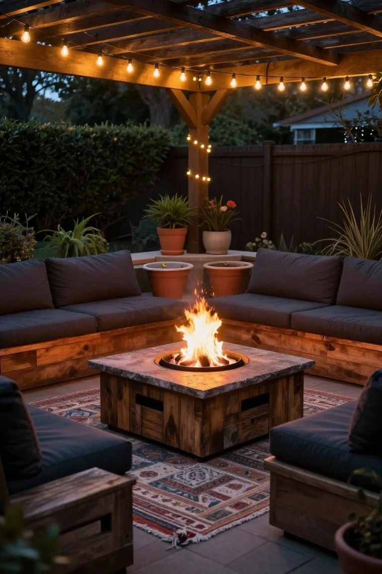 Wooden pergola strung with warm white string lights over L-shaped dark-cushioned seating around a square fire table on a patio with potted plants and a patterned outdoor rug.