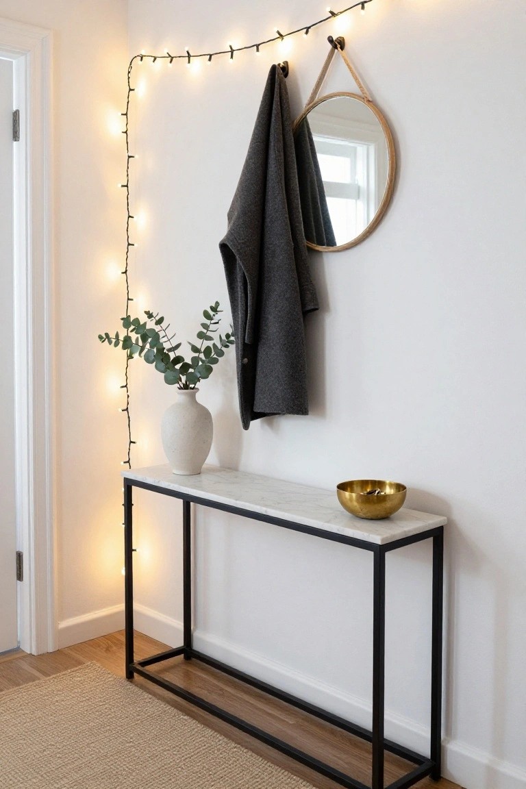 White indoor entryway corner with vertical string lights along the wall next to a door, gray coat draped over rope hook on round wooden mirror, black metal console table with white vase of eucalyptus leaves and gold bowl, beige rug on wood floor.