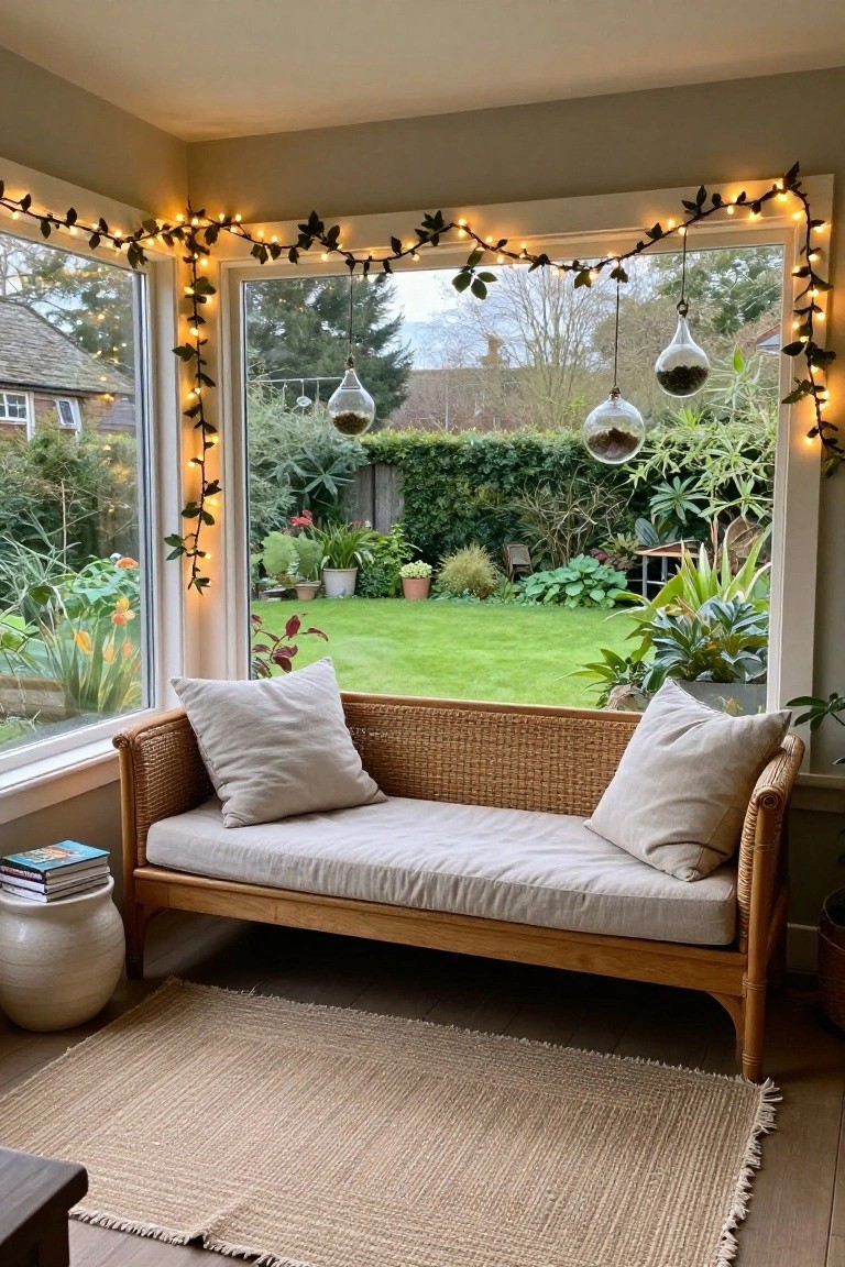 A sunroom corner with a rattan daybed on neutral cushions, a ceramic stool side table, jute rug on wood floor, large corner windows overlooking a lush garden, ivy-wrapped string lights along window frames, and hanging glass orbs.