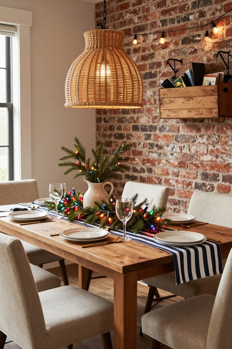 Dining table with white plates, gold flatware, wine glasses, and a centerpiece garland of green branches wrapped in colorful Christmas lights along a blue-and-white striped runner, set against an exposed brick wall under a rattan pendant light.