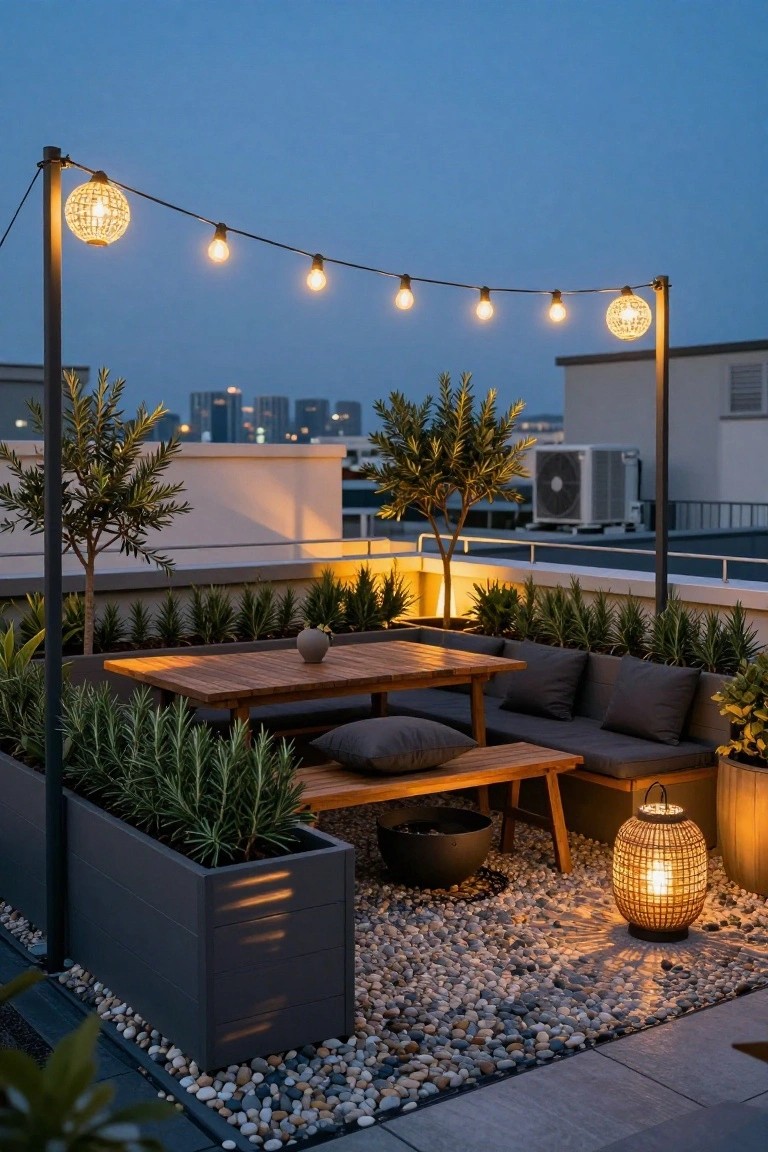 Rooftop terrace at dusk with wooden dining table and benches on pebble ground cover, gray cushions, potted plants and trees, overhead string lights with globe bulbs between metal poles, lanterns, and city buildings in background.