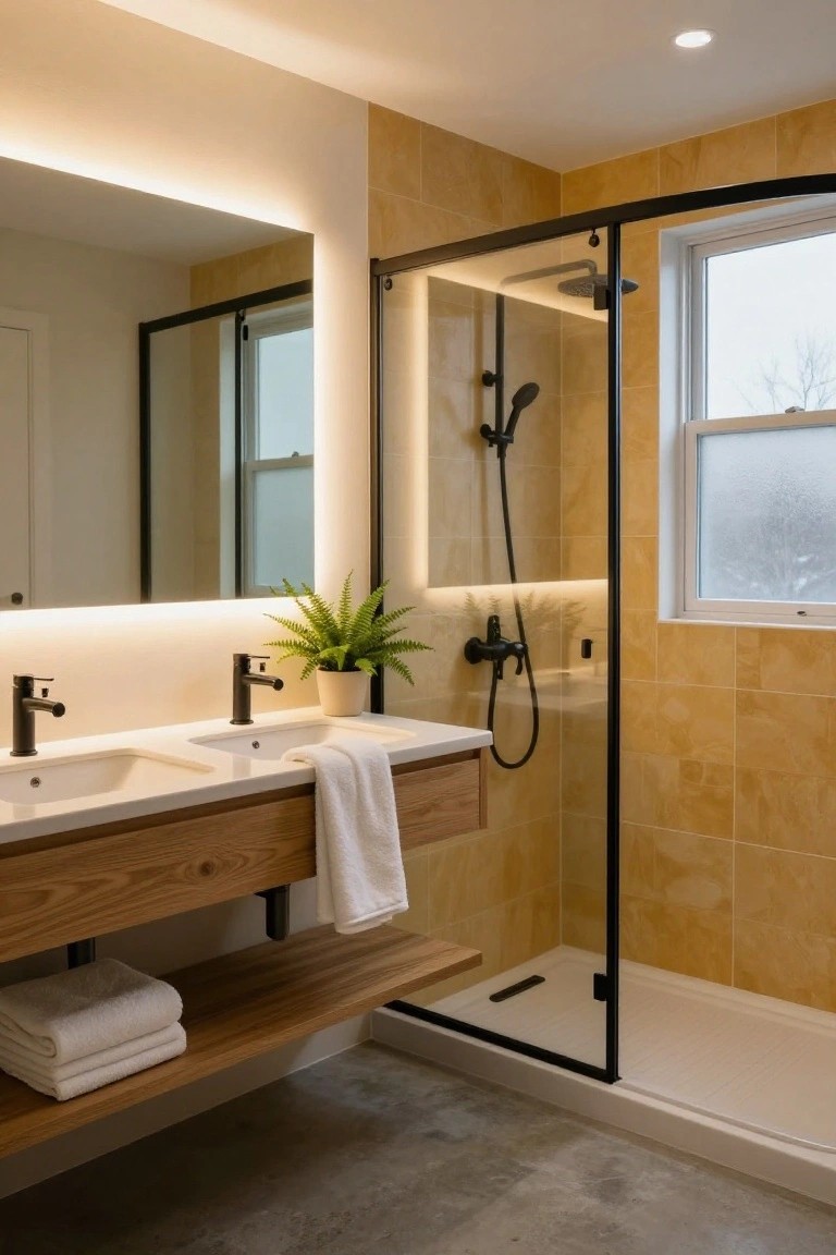 Modern bathroom featuring a wooden double vanity with two white sinks, backlit mirror with LED strips, potted fern, folded towels on open shelves, glass shower enclosure with yellow tile wall and black frame.