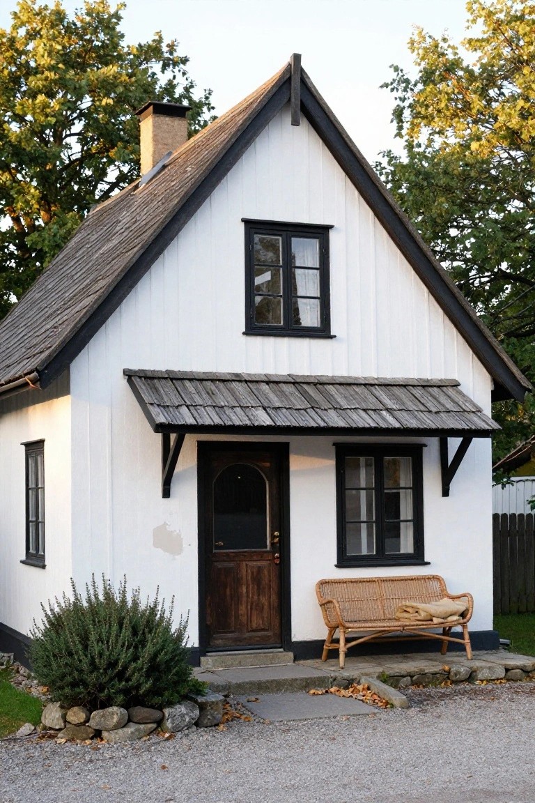 Small white clapboard cottage with black window and door frames, shingled gabled roof, covered porch entry, rattan bench with blanket, heather bush and rock edging in front, gravel driveway, autumn trees surrounding.
