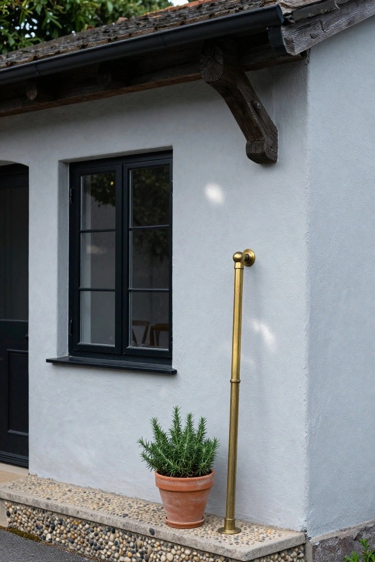 Light gray plastered cottage wall with black-framed window and door, tall vertical brass standpipe mounted near the base, terracotta pot of rosemary plant beside it, and gravel-stoned foundation.