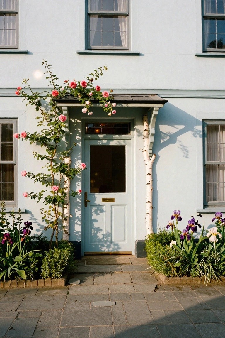 Light blue house facade with pale turquoise front door under a porch supported by a birch trunk post covered in pink climbing roses, flanked by flower beds with purple irises and boxwood on a stone path.