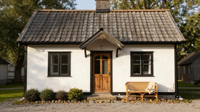 Small white clapboard cottage with black window and door frames, shingled gabled roof, covered porch entry, rattan bench with blanket, heather bush and rock edging in front, gravel driveway, autumn trees surrounding.