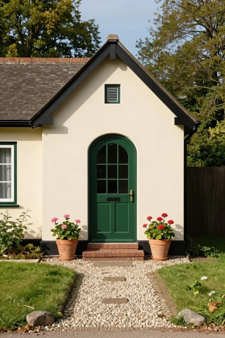 Cream stucco cottage exterior with black timber accents, green arched front door with glass panels and brass knocker, flanked by two terracotta pots of pink geraniums, brick steps leading to gravel path, surrounded by garden beds and trees.