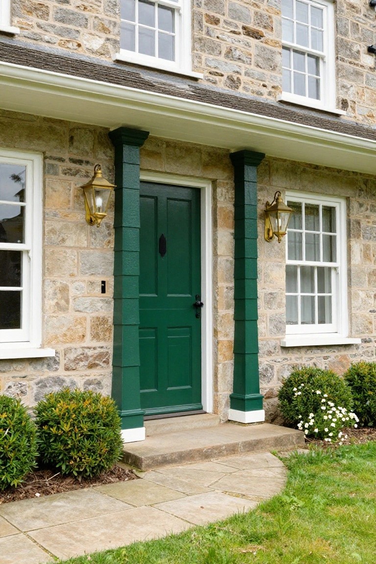 Stone cottage exterior with green double front door, green porch columns, brass lanterns, white sash windows, and boxwood shrubs beside a curved stone path.
