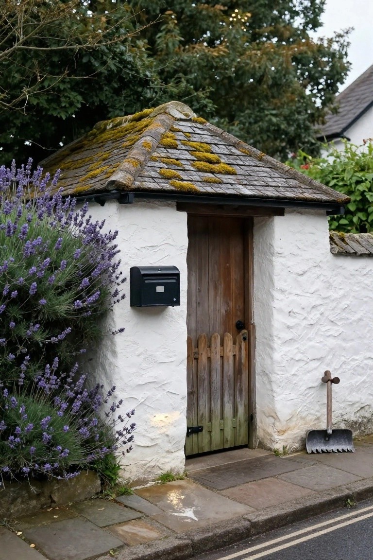 Small whitewashed stone outbuilding with moss-covered slate roof, weathered wooden slatted door, purple lavender bushes, black mailbox on wall, shovel leaning nearby, and paved path along roadside curb.