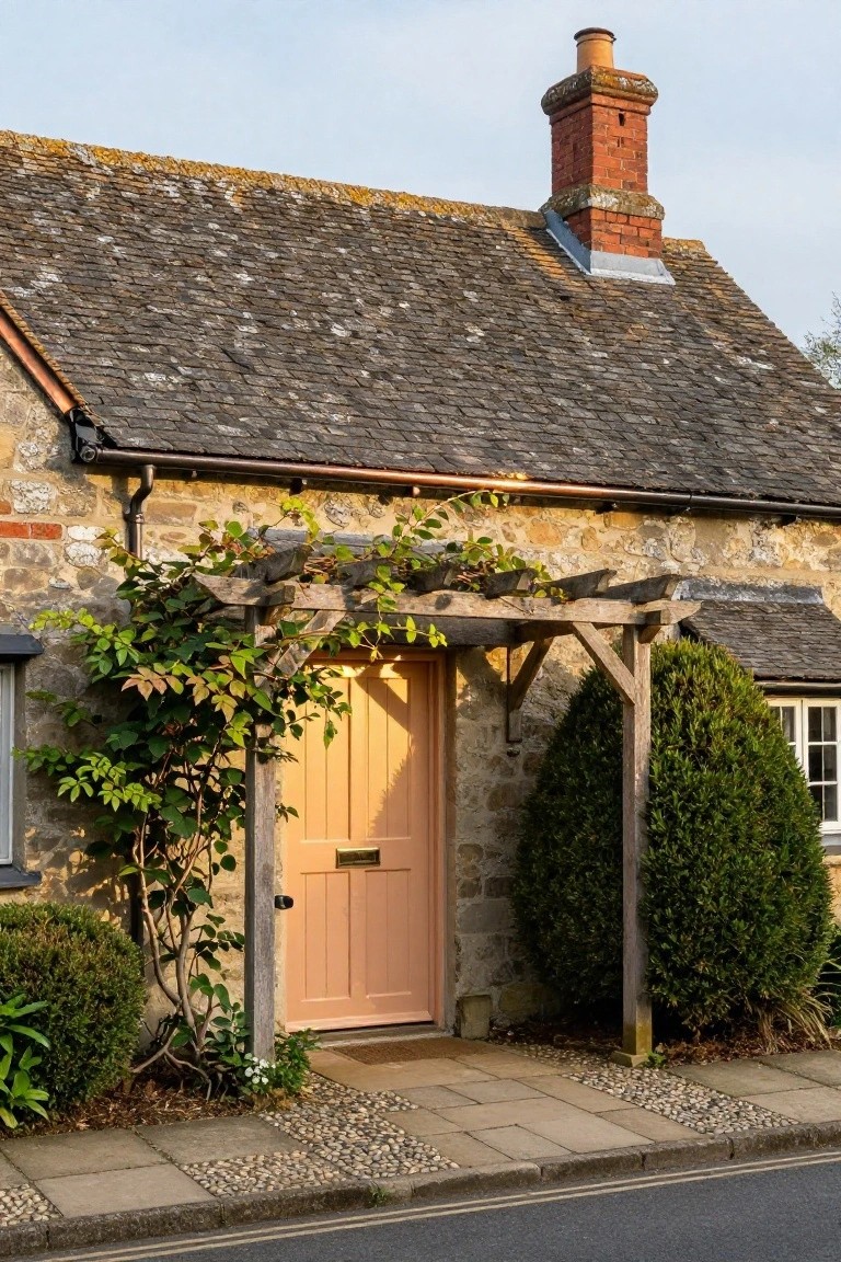 Stone cottage exterior with wooden pergola and climbing vines over a light peach front door, flanked by evergreen shrubs, a brick chimney, slate roof, and paved path with gravel edging.