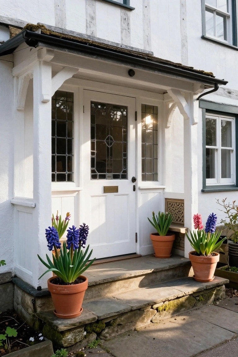 White half-timbered cottage exterior featuring a covered porch with a white glazed front door flanked by terracotta pots of purple and pink hyacinths on stone steps.