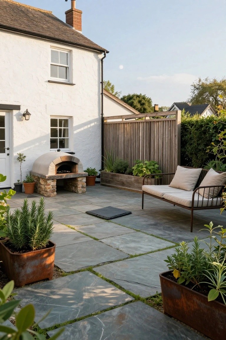 White rendered cottage wall adjacent to a stone-built domed pizza oven on a slate tile patio, with potted herbs, a cushioned metal bench, wooden fence, and garden plants.