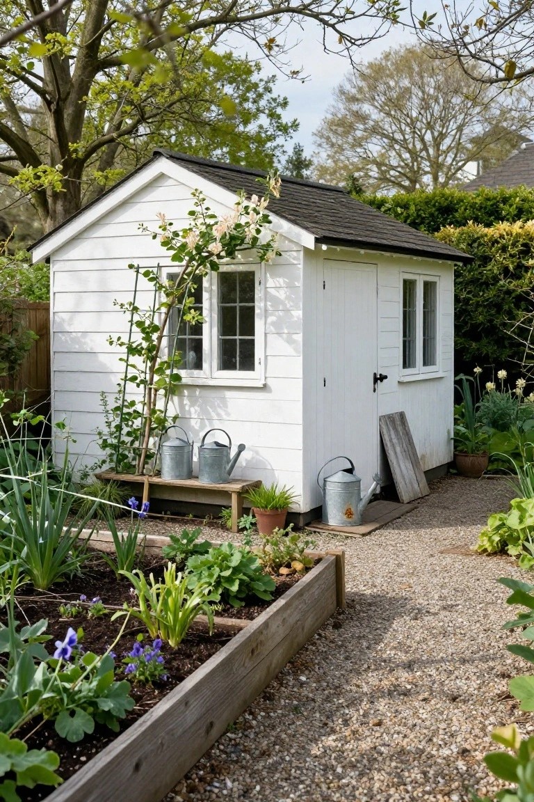 White wooden garden shed with gabled black roof, double-pane windows, white door, climbing vine on one side, two metal watering cans on a wooden bench outside next to raised garden beds and gravel path.
