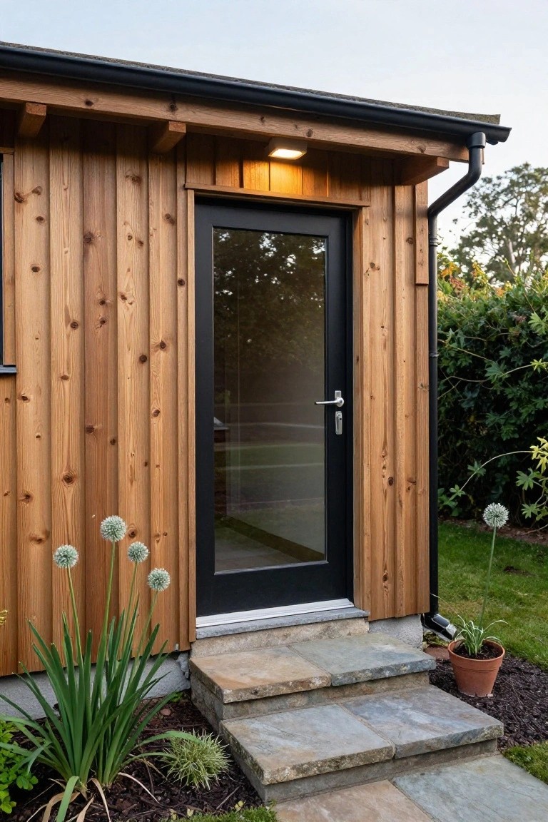 Exterior of a small wooden structure with vertical cedar cladding, black metal-framed glass entry door, stone steps, and low plants including alliums in a garden setting.