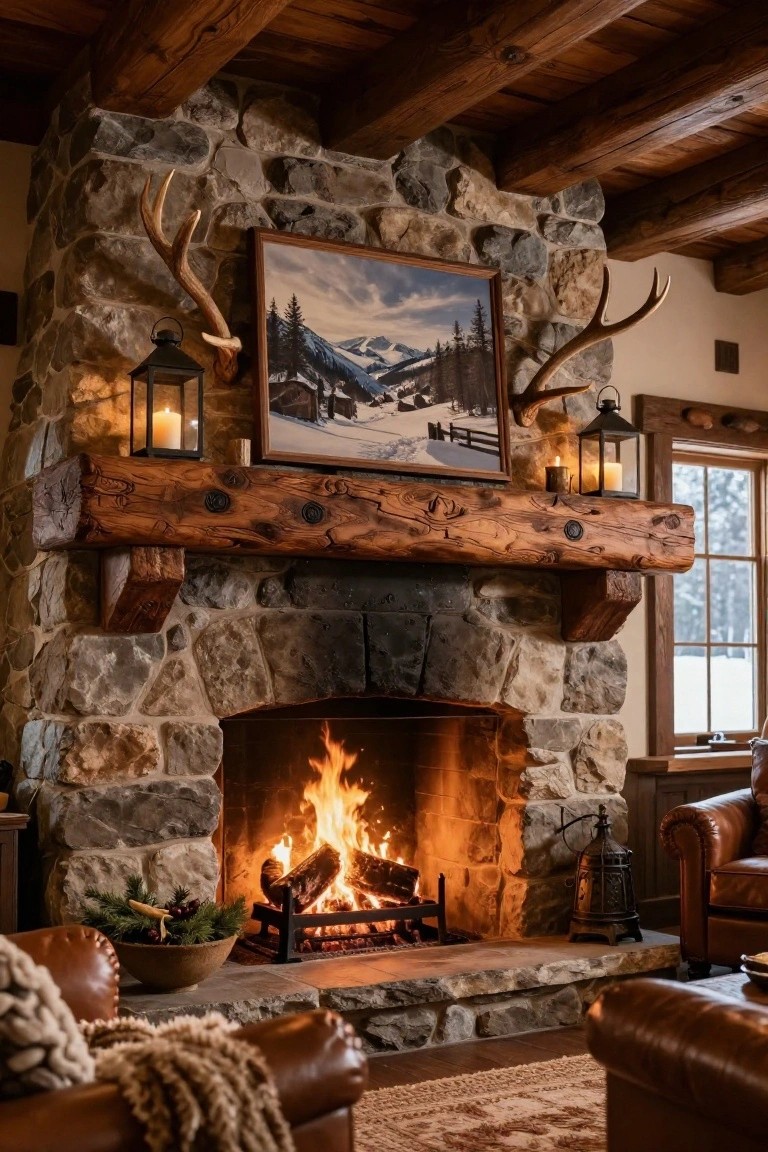 Rustic stone fireplace with wooden mantel topped by a framed painting of snowy mountains and chalets flanked by antlers and lanterns, leather armchairs in front, and evergreen wreath on hearth.