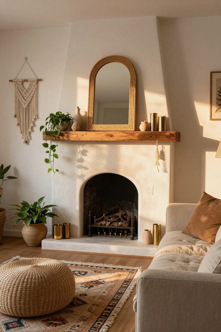 White arched fireplace with wooden mantel holding a large arched rattan mirror flanked by plants, ceramic vases, and gold candles, next to a beige sofa, woven ottoman, and patterned rug in a light-filled living room.
