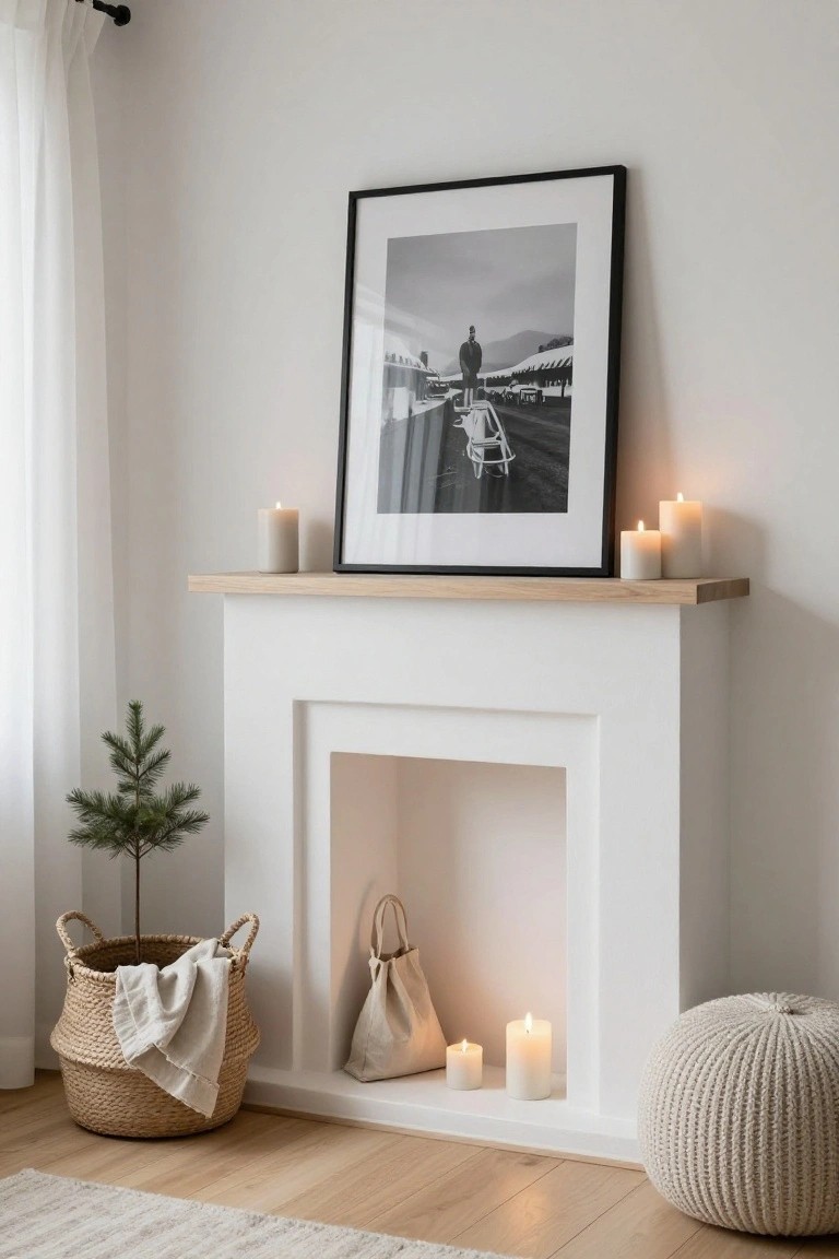 White fireplace mantel topped with oak shelf holding a large black-and-white framed photo of a person seated in a snowy mountainous area with tents, flanked by four beige pillar candles, small potted Christmas tree in wicker basket on floor beside, cream knit pouf nearby on light wood floor.