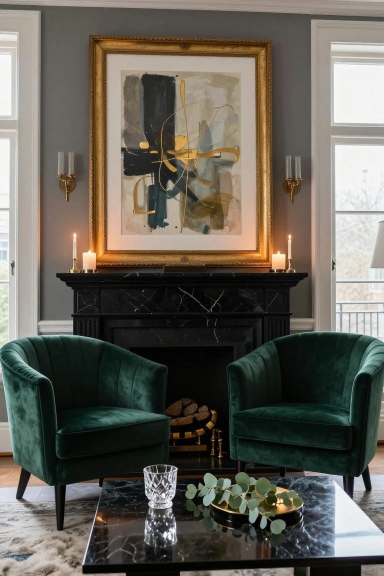Gray-walled living room with large gold-framed abstract painting above black marble fireplace mantle, two green velvet armchairs facing each other, black marble coffee table, and candles on side tables.