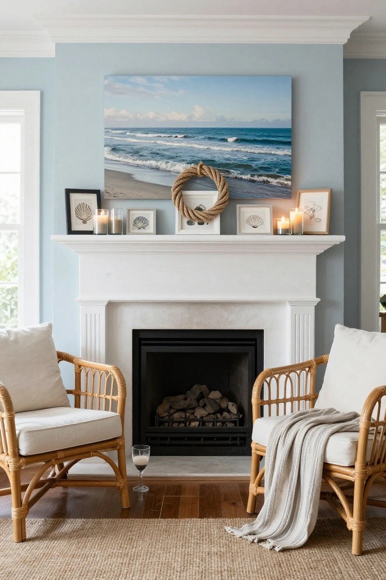 Light blue room with white fireplace mantel displaying large framed beach and ocean painting centered above, rope wreath, shell picture frames, and candles, rattan armchairs with white cushions and gray throw in front on wood floor with seagrass rug.