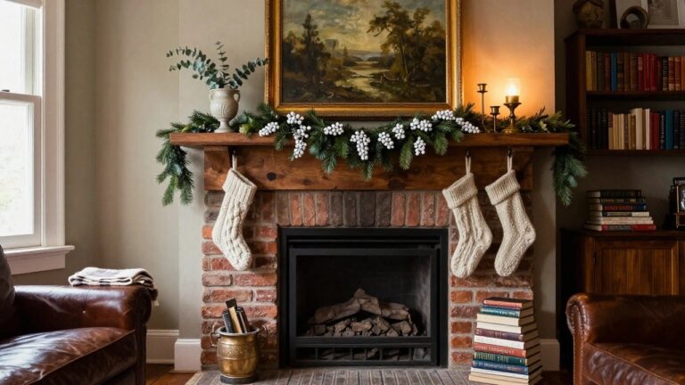 Wooden mantel fireplace decorated with evergreen garland and white berries, large gold-framed landscape painting of trees and river above, two hanging stockings, books and blankets stacked nearby, leather armchairs, and Persian rug in a beige-walled room.