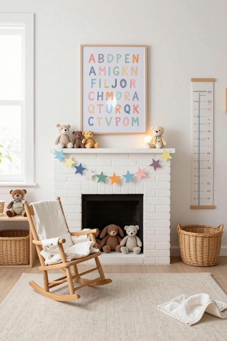 Cozy nursery room with white brick fireplace, colorful paper star garland draped over the mantle, teddy bears on hearth and mantel shelf, wooden rocking chair nearby, and alphabet poster on wall.