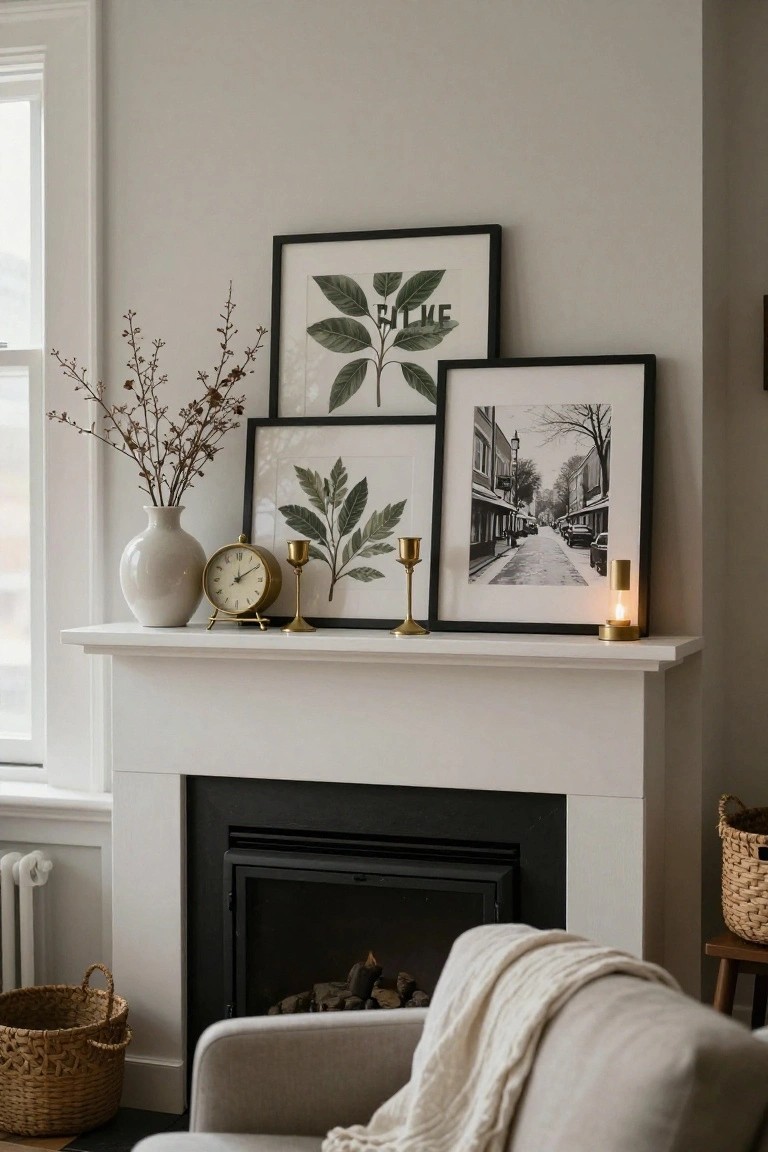 White fireplace mantel with a large white vase of dried branches, gold clock, gold candlesticks, and lit candle, topped by three leaning black-framed artworks of green leaf prints and a black-and-white photo of a snowy street, beside a gray armchair with cream throw and woven basket on wood stool.