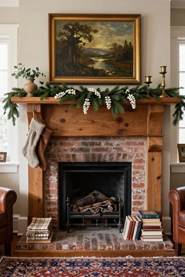 Wooden mantel fireplace decorated with evergreen garland and white berries, large gold-framed landscape painting of trees and river above, two hanging stockings, books and blankets stacked nearby, leather armchairs, and Persian rug in a beige-walled room.