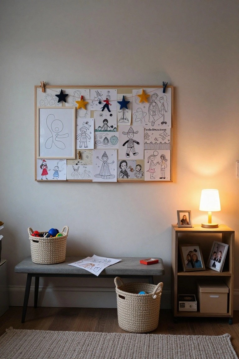 Light gray indoor room featuring a large corkboard on the wall covered in children's black line drawings and colored sketches of people, snowmen, and holiday figures, decorated with felt stars and garlands, wicker baskets with colorful balls on the floor beside a gray metal bench holding a drawing and red toy, wooden side table with lamp and family photos.