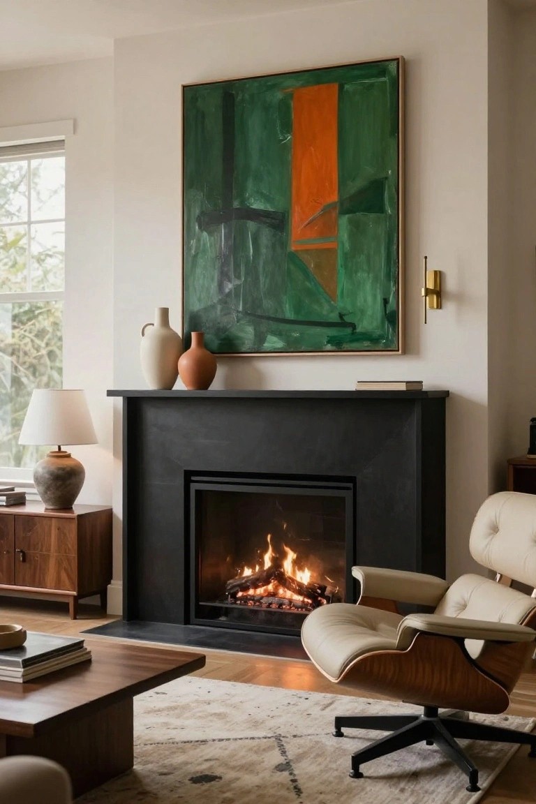 A modern living room with a large framed abstract painting in green and orange hues mounted over a black stone mantel fireplace containing a lit gas fire, flanked by beige ceramic vases, a walnut credenza, low coffee table, and cream Eames-style lounge chair on a wool rug.
