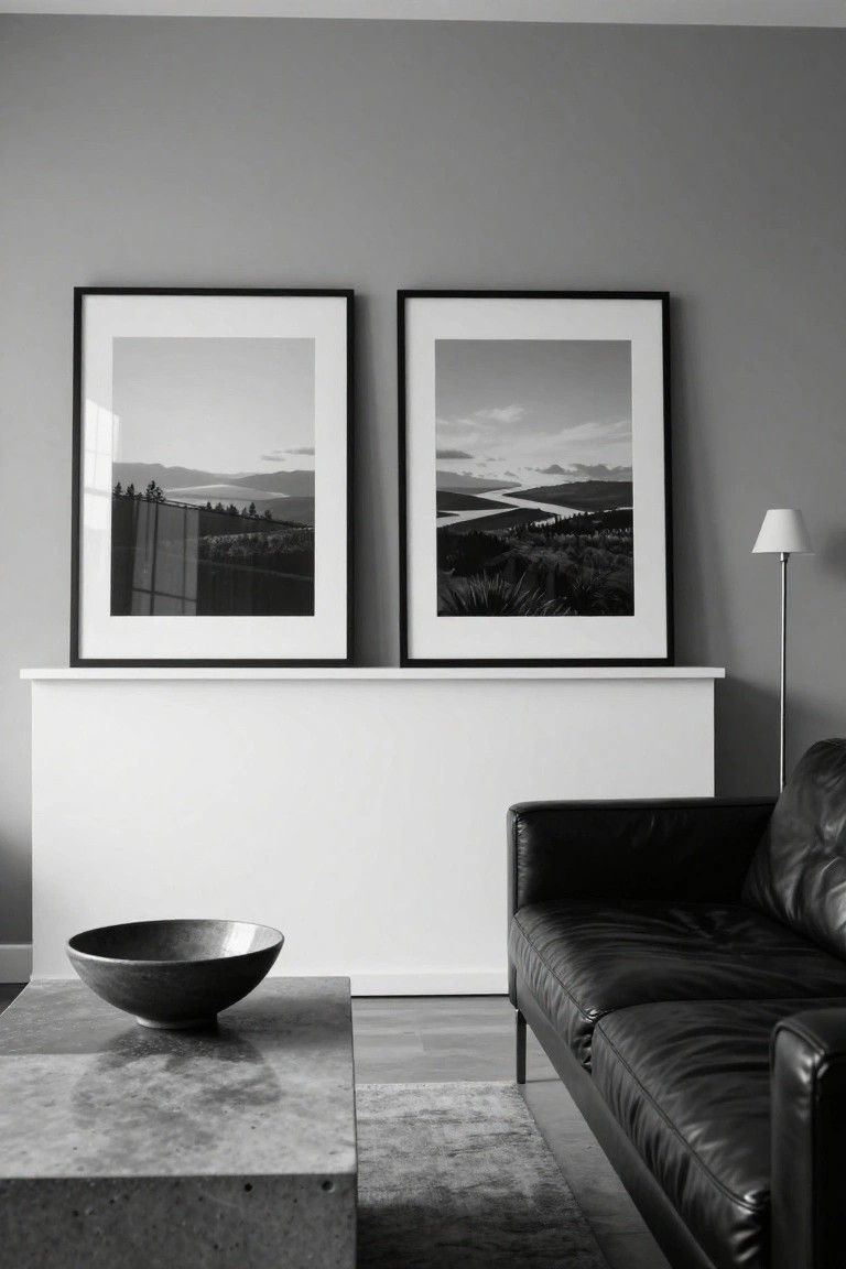 Minimalist living room interior with two large black-and-white framed landscape photographs hanging above a white sideboard, a black leather sofa to the right, a concrete coffee table holding a dark bowl, a floor lamp, and gray walls.