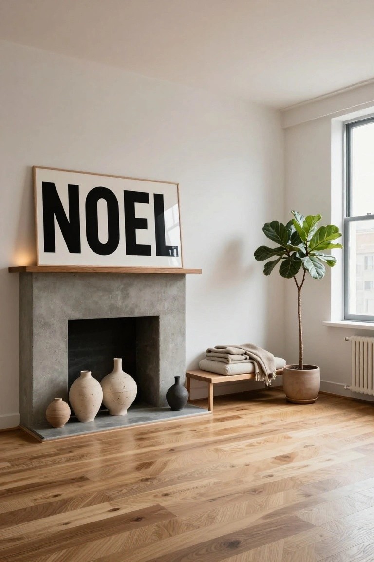 Corner of a white-walled living room with gray concrete fireplace mantel holding two small beige ceramic vases, large framed black 