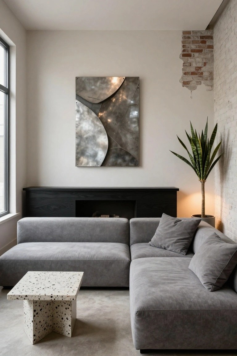 Contemporary living room interior with gray L-shaped sofa, white terrazzo coffee table, black wood fireplace mantel with logs inside, large metallic abstract wall sculpture above the mantel, tall snake plant in pot, floor lamp, exposed brick wall, and large window.