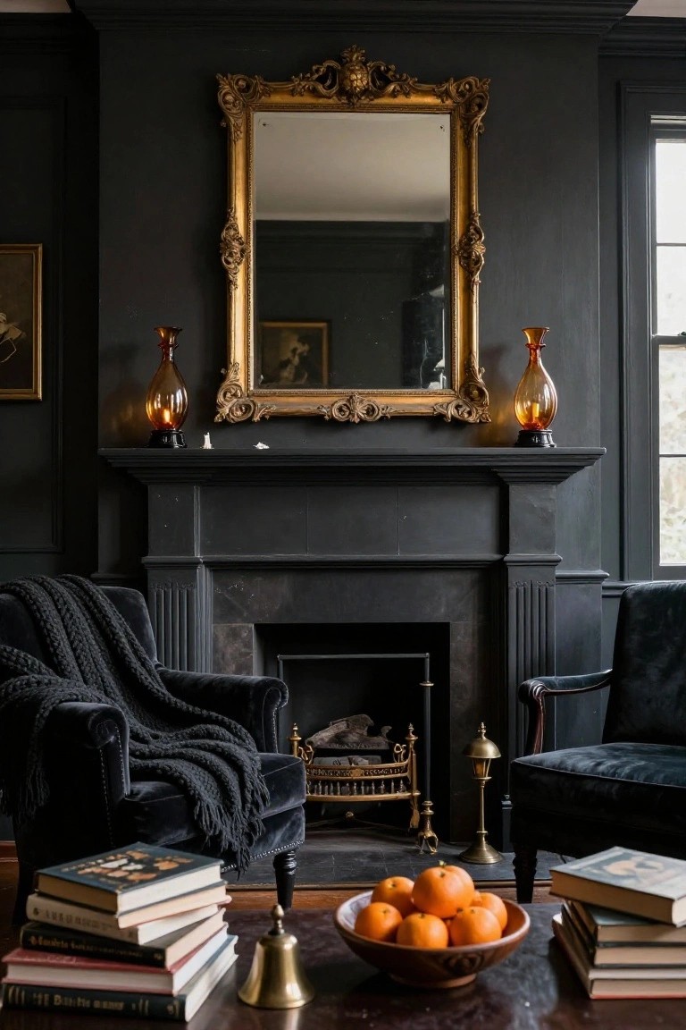 Dark paneled living room featuring a large ornate gold mirror above a black marble fireplace mantle, flanked by velvet armchairs, with books, oranges, and a brass bell on a wooden coffee table.