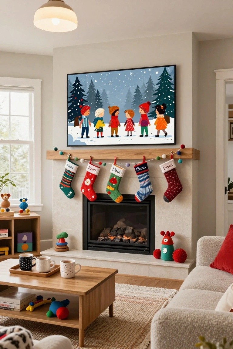 Living room fireplace mantel with personalized knit stockings hanging from garland and a large framed artwork above depicting children in winter clothes walking in a snowy forest.
