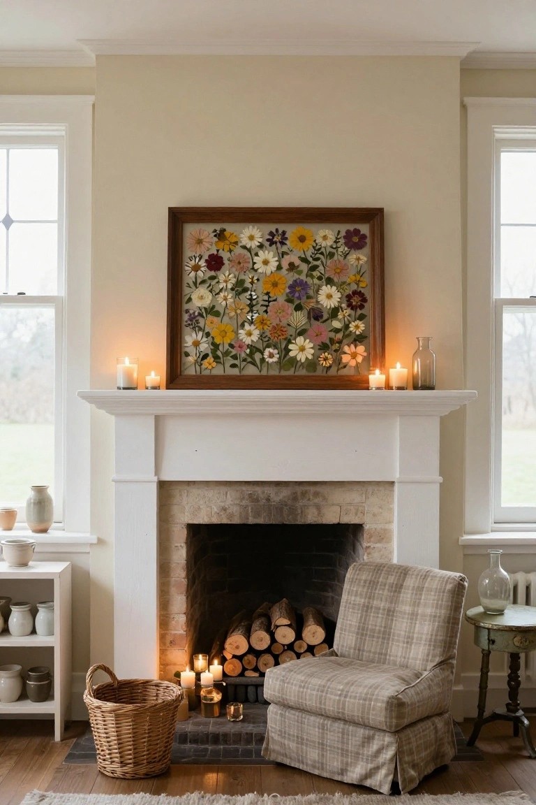 A cozy interior room with beige walls, a white fireplace mantel topped by candles and a glass vase, and a wooden frame of colorful pressed dried flowers hung above, next to windows, a plaid armchair, and side tables.