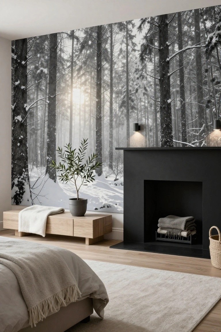 Modern interior room with panoramic black-and-white snowy forest wallpaper above a black fireplace mantel, olive tree in gray pot on wooden bench, bed with white bedding, and wall-mounted lights.