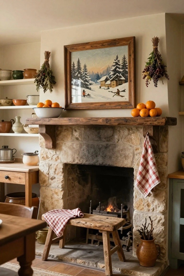 Rustic kitchen interior featuring a stone fireplace with wooden mantel shelf holding a white bowl of oranges, a framed painting of a snowy landscape with trees, cabin, and skiers above it, dried herbs hanging nearby, and various pottery on open shelves.