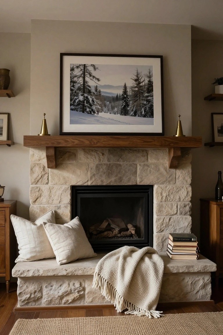 Stone fireplace with wooden mantel holding brass candlesticks and a large framed painting of a snowy forest landscape, white pillows and knit blanket on the hearth bench, flanked by side tables and shelves in a beige-toned living room.