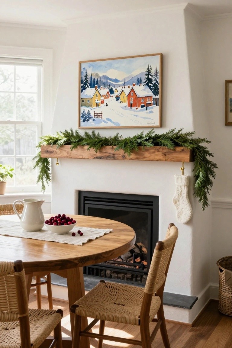 Framed painting of a snowy village with mountains, pine trees, and colorful houses hangs above a mantel shelf with evergreen garland, a white knit stocking, and a round wood dining table with chairs in a white-walled room with a fireplace.
