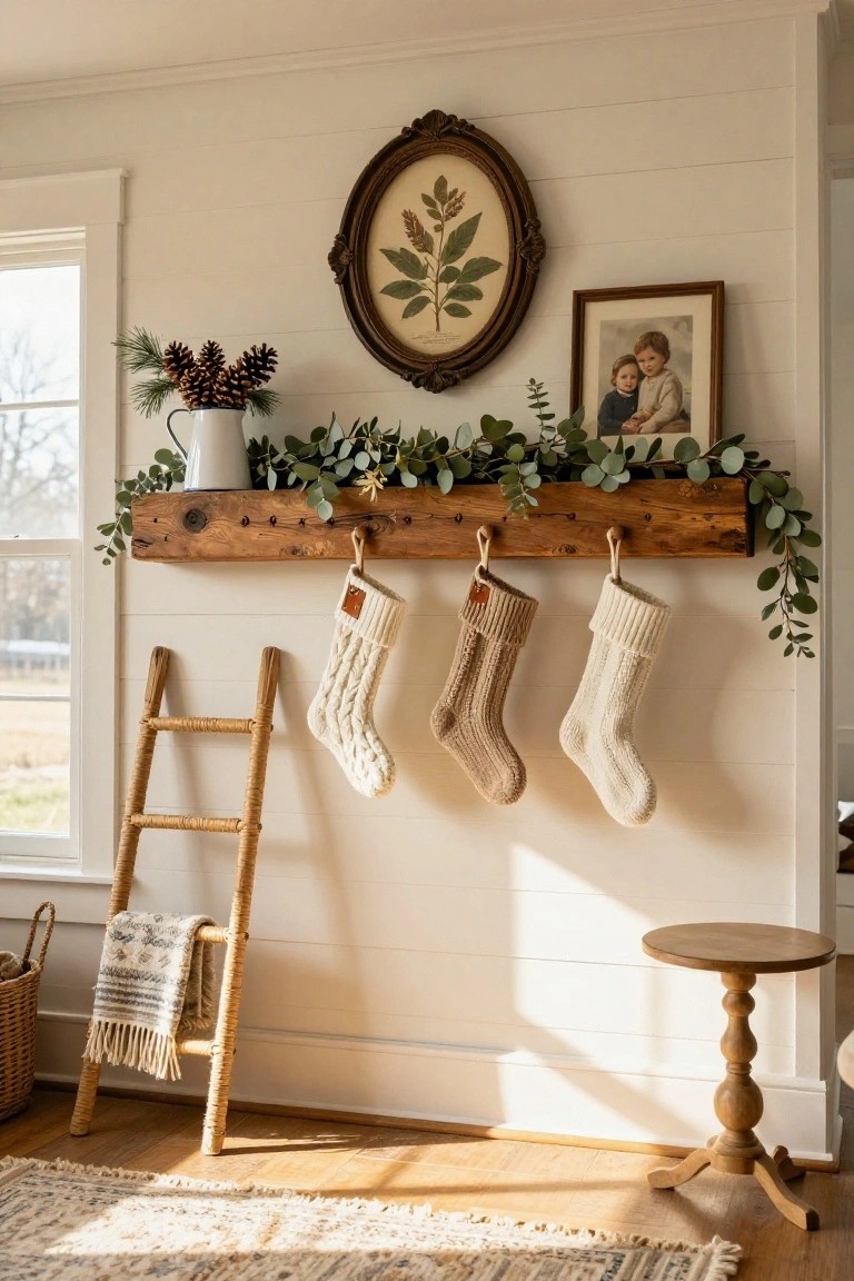 White shiplap interior room with wooden mantel shelf holding eucalyptus garland, knit stockings, white pitcher of pinecones, vintage oval gold frame with botanical leaf print, small family portrait frame, rattan ladder with woven blanket and basket, and round wood pedestal table on light rug.