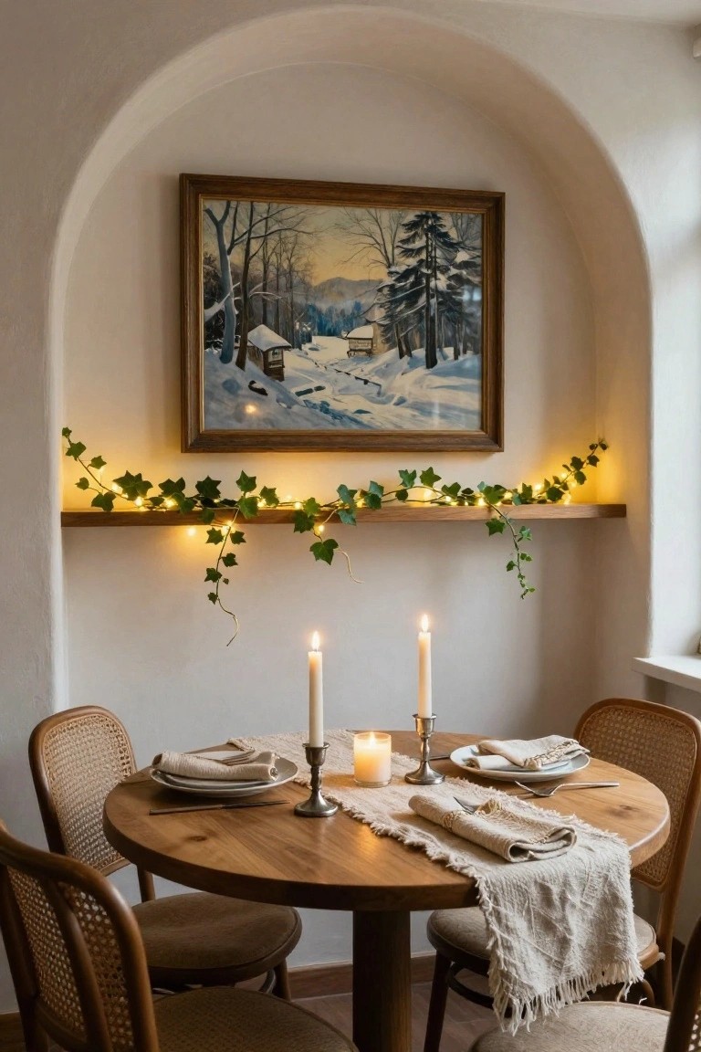 Framed painting of snowy winter landscape with bare trees, cabin, and path hangs in white arched wall niche above wooden shelf with fairy lights in ivy garland, beside round wooden table set with candles, plates, and linen napkins on rattan chairs.
