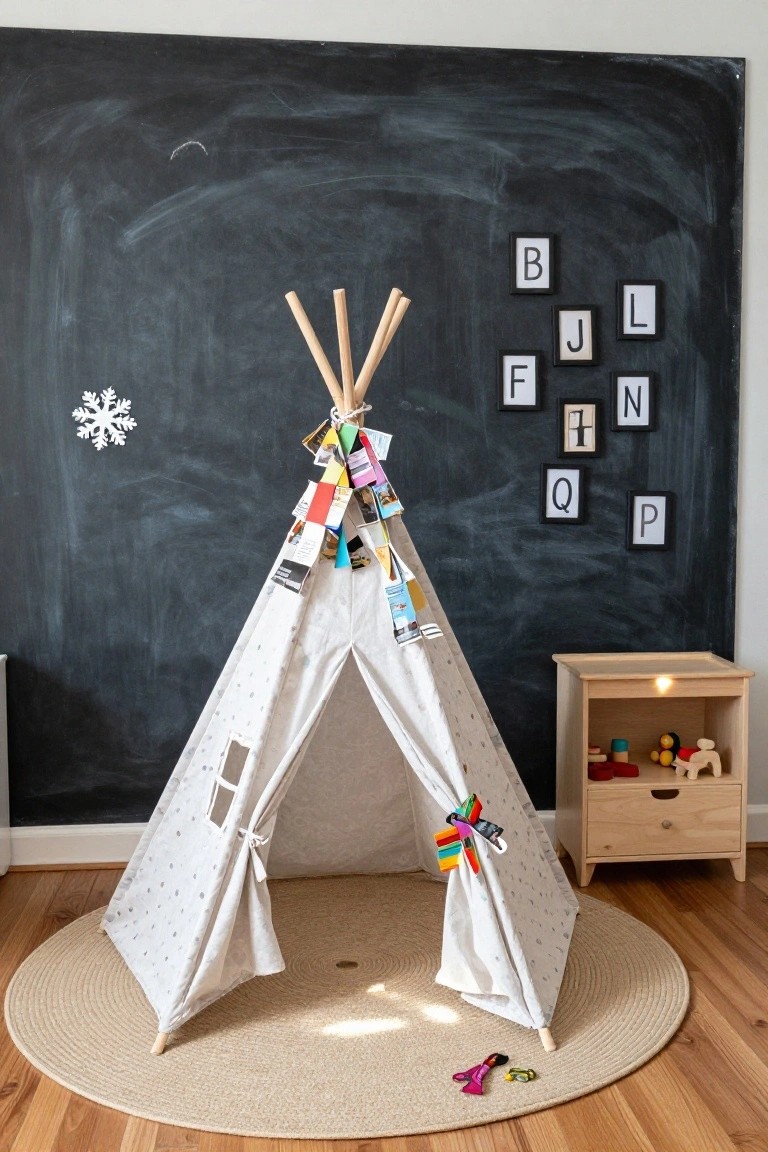 White polka-dot play teepee tent with colorful tags hanging from wooden poles, positioned on a round jute rug in a room with black chalkboard wall, wooden letter frames, and toy shelf.
