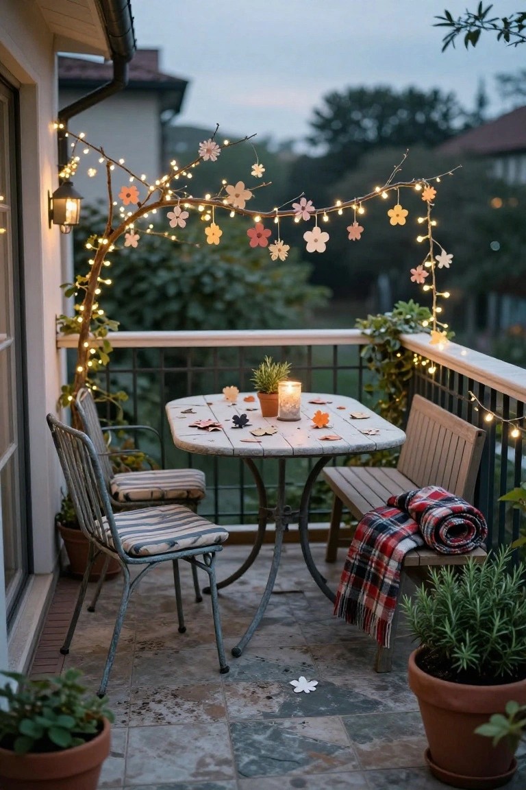 Balcony with metal table and striped chairs under branches draped in fairy lights and hanging paper flowers, candle and autumn leaves on table, potted plants around, string lights on railing.