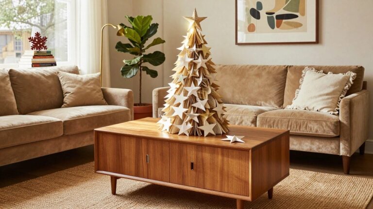 A living room corner with a tall Christmas tree constructed from layered folded paper stars in white, gold, and colored tones, lit from within, next to a gold arc lamp, wooden sideboard with books, potted fiddle leaf fig, and beige sofa.