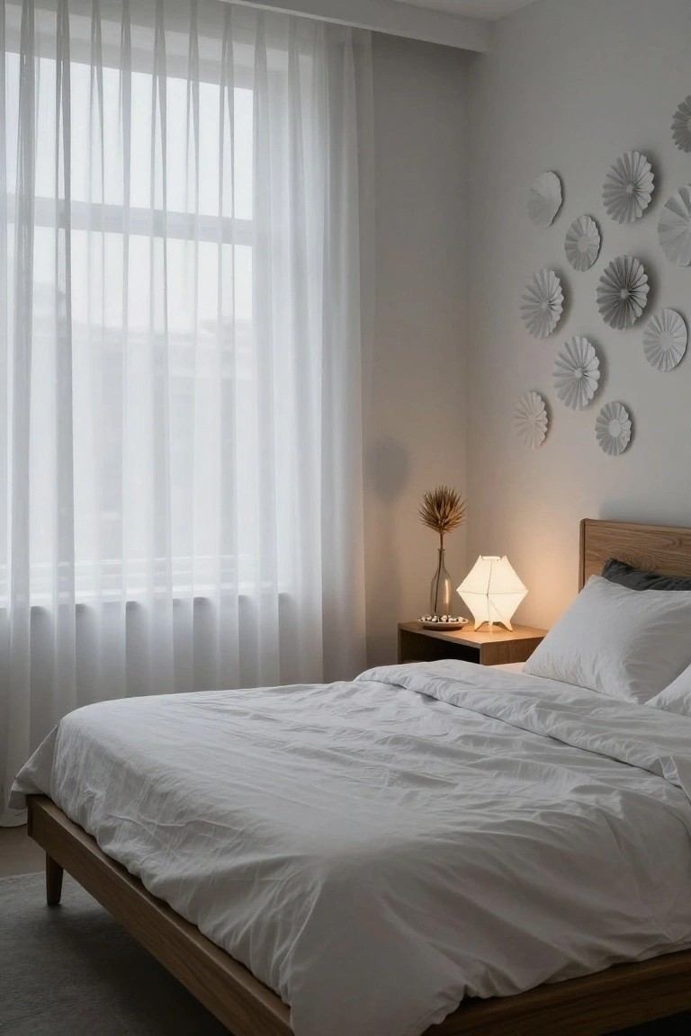 Bedroom corner showing a low wooden bed with white duvet and pillows, bedside table holding a folded white paper lamp, glass vase with pampas grass, sheer white curtains over a window, and multiple white folded paper flower shapes mounted on a light gray wall.